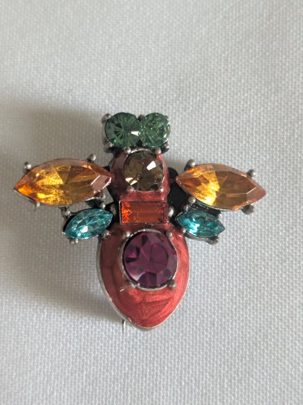 Retro Vintage Colorful Rhinestone Crystal Bee Pin Brooch Signed LOVE HUG